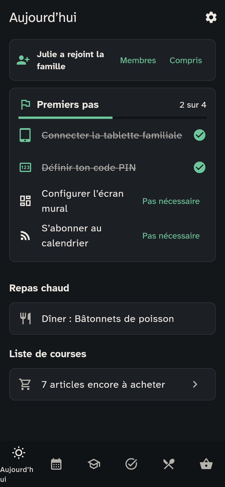 L’onglet Aujourd’hui, les premiers pas, les rendez-vous et le repas chaud
