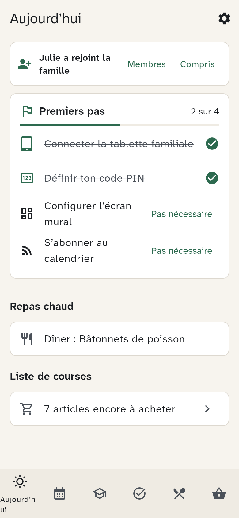 L’onglet Aujourd’hui, les premiers pas, les rendez-vous et le repas chaud