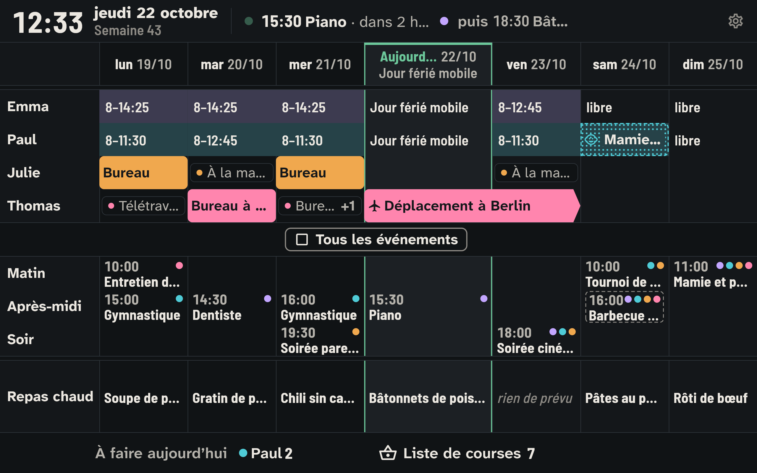 Les sept jours du tableau hebdomadaire