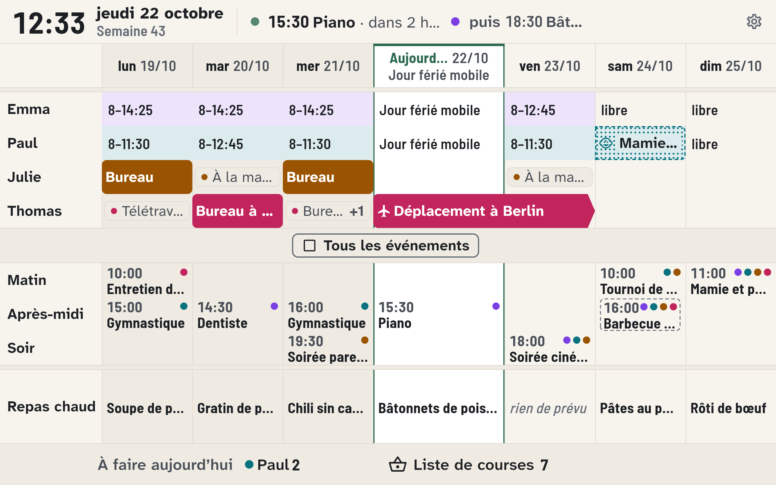 Les sept jours du tableau hebdomadaire